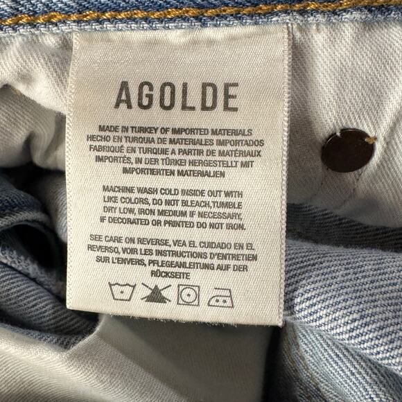 AGolde SZ 27 Criss Cross Straight Leg Jeans Button-Fly Frayed Hems Light Wash - Picture 9 of 11